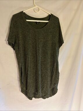 Heather Green Extra Long Scoop Neck Knit T-shirt w/Split Sides and Rounded Hems